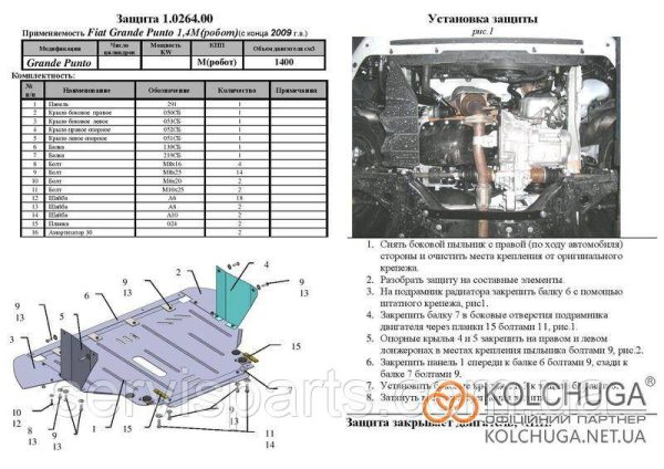 Захист двигуна Fiat Punto 199 2005-2018 (Grande Punto/Punto Evo) 1.4 Бензин - Зображення 4